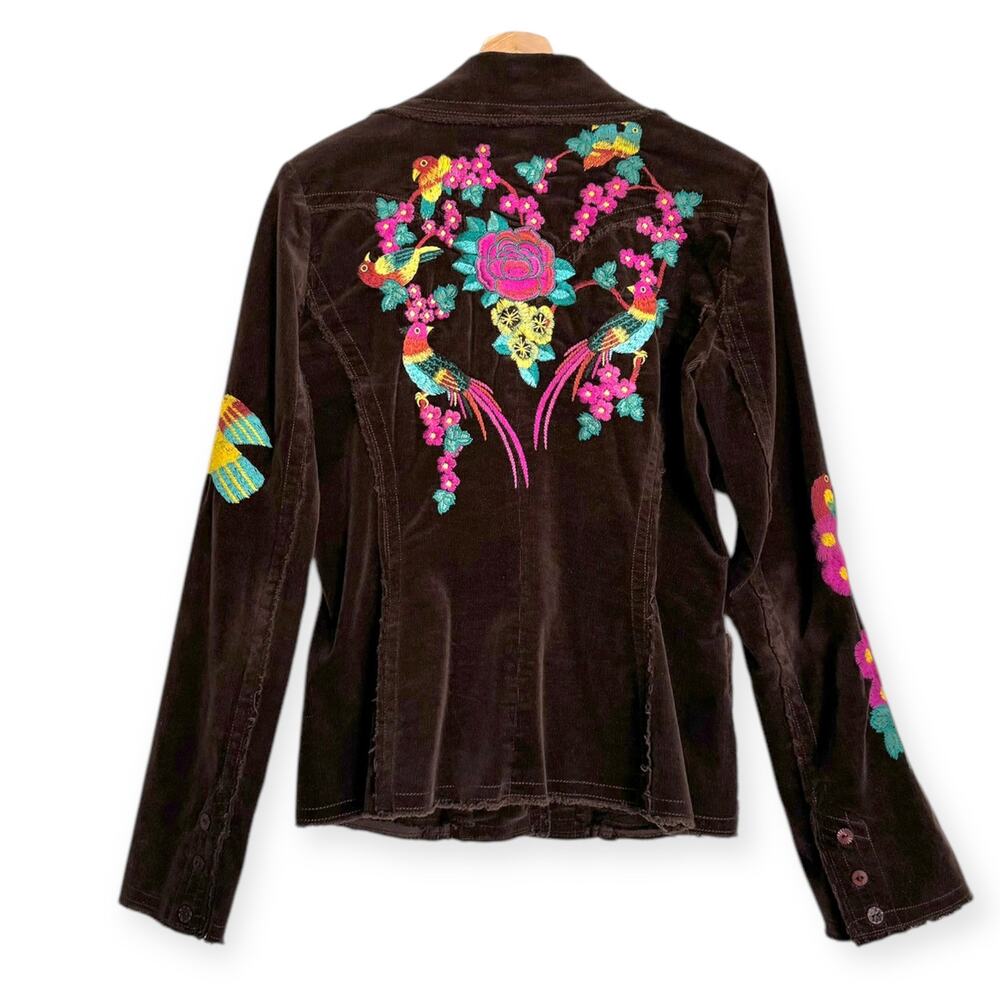 Vintage Johnny Was Floral And Bird Embroidered Brown Corduroy Jacket Women's S